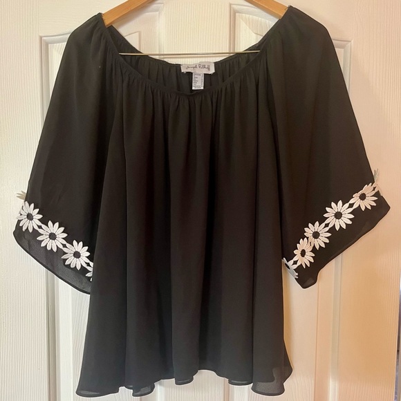 Joseph Ribkoff Black Blouse with White Daisy Trim - Picture 2 of 3